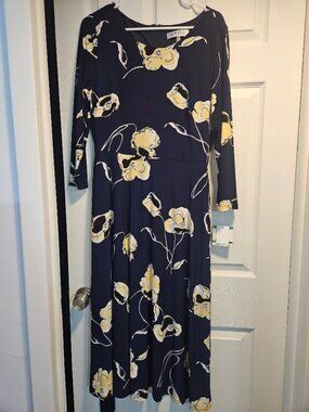 Kasper Blue Long Sleeve Dress with Yellow Flowers NWT
